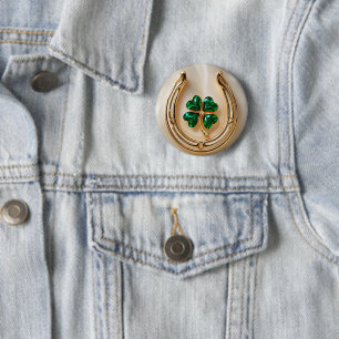 Lucky clover with Gold Horseshoe 6 Cm Round Badge