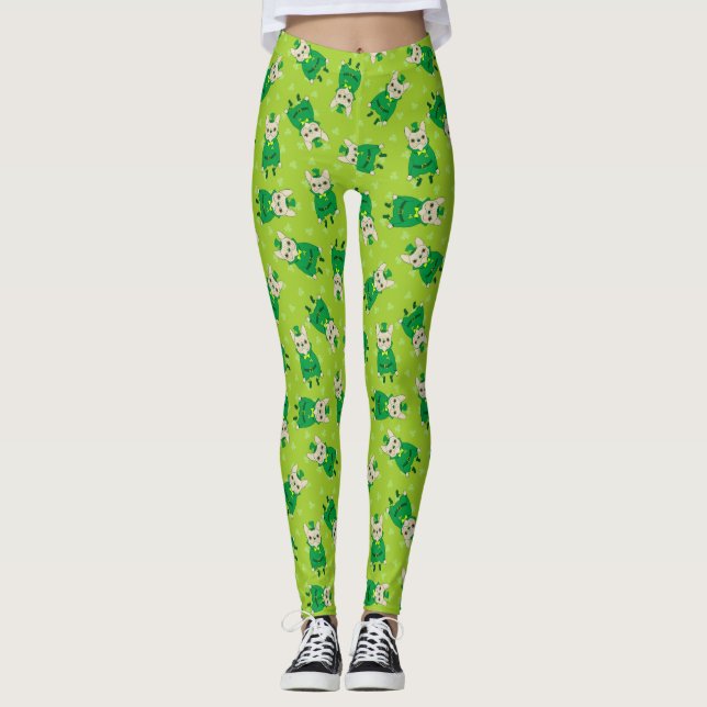 Lucky Cute Frenchie on St. Patrick's Day Leggings (Front)