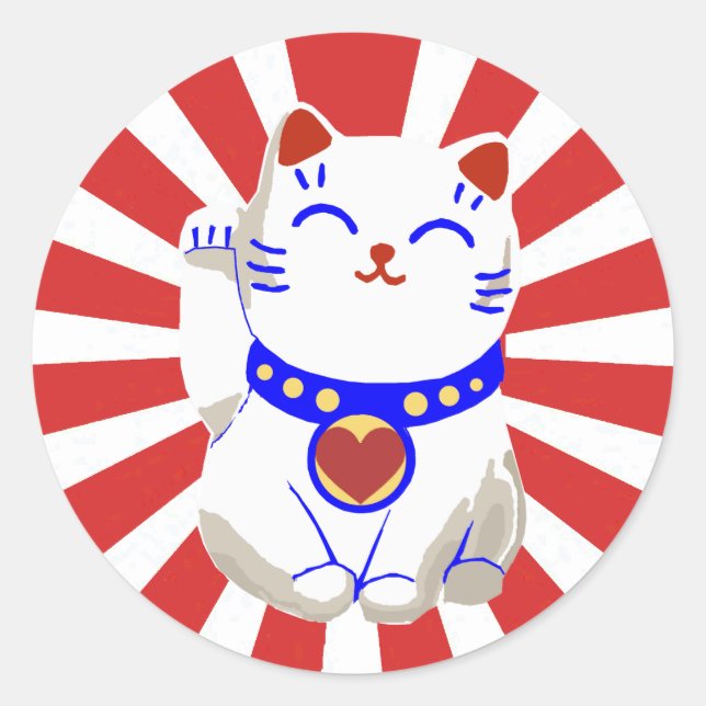 Lucky cute neko cat on rising sun classic round sticker (Front)