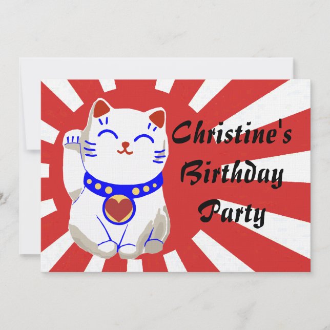Lucky cute neko cat on rising sun invitation (Front)