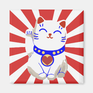 Lucky cute neko cat on rising sun magnet