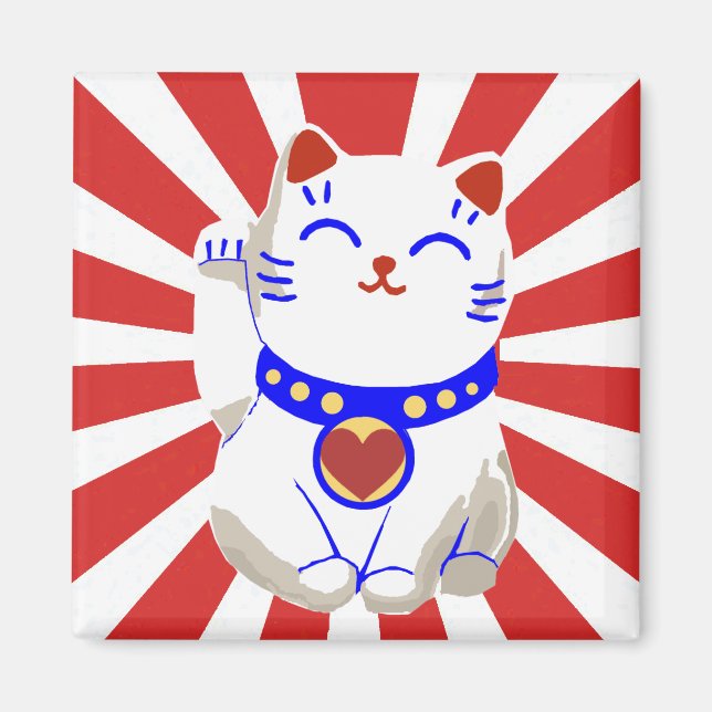 Lucky cute neko cat on rising sun magnet (Front)