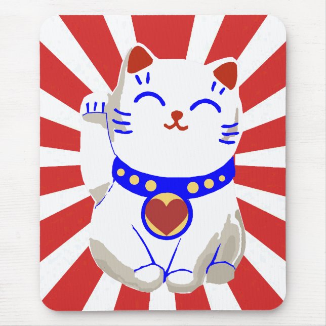 Lucky cute neko cat on rising sun mouse pad (Front)
