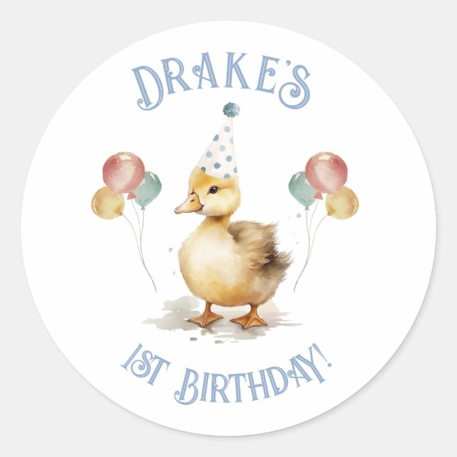 Lucky Duck 1st Birthday Party Classic Round Sticker (Front)