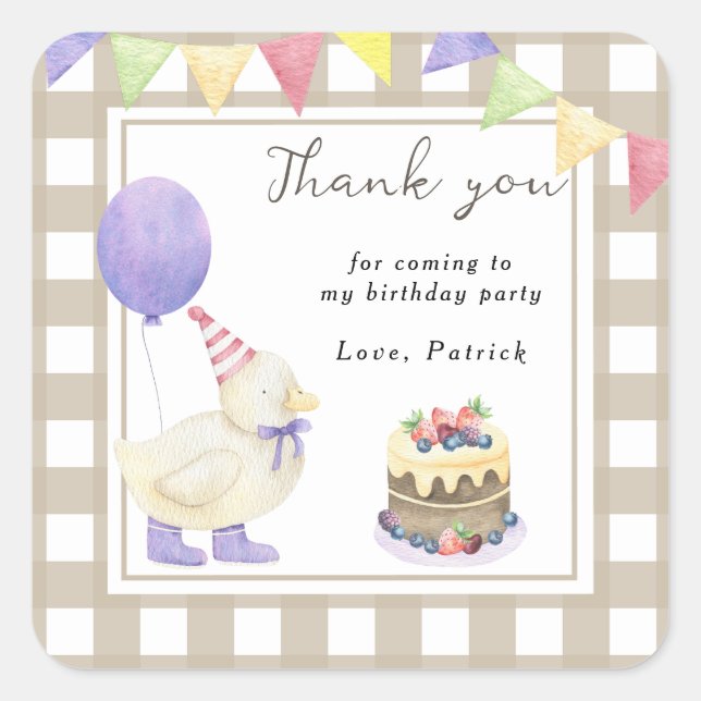 Lucky Duck birthday party thank you Square Sticker (Front)