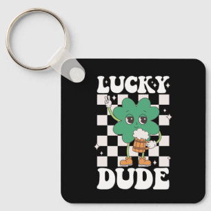 Lucky Dude Shamrock St Patricks Day Irish Groovy Key Ring
