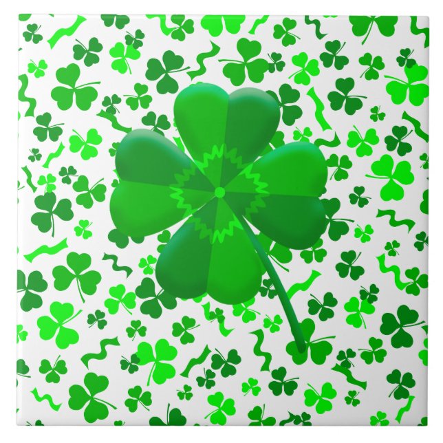 Lucky Four Leaf Clover Shamrocks Confetti Ceramic Tile (Front)