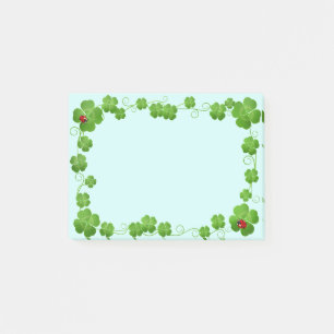 Lucky Four-Leaf Clovers & Ladybugs on Light Blue Post-it Notes