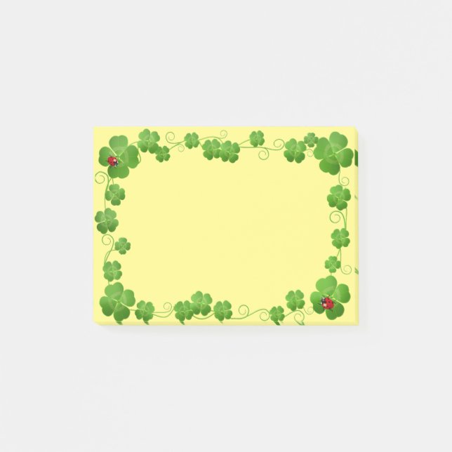 Lucky Four-Leaf Clovers & Ladybugs on Yellow Post-it Notes (Front)