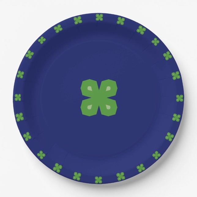 Lucky Geometric Four-Leaf Clovers on Blue Paper Plate (Front)