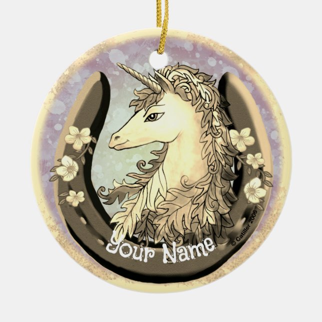 Lucky Gold Unicorn Ceramic Ornament (Front)