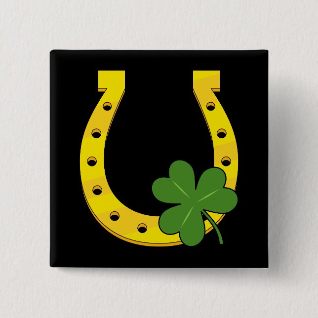Lucky Golden Horseshoe with Shamrock on Black 15 Cm Square Badge (Front)