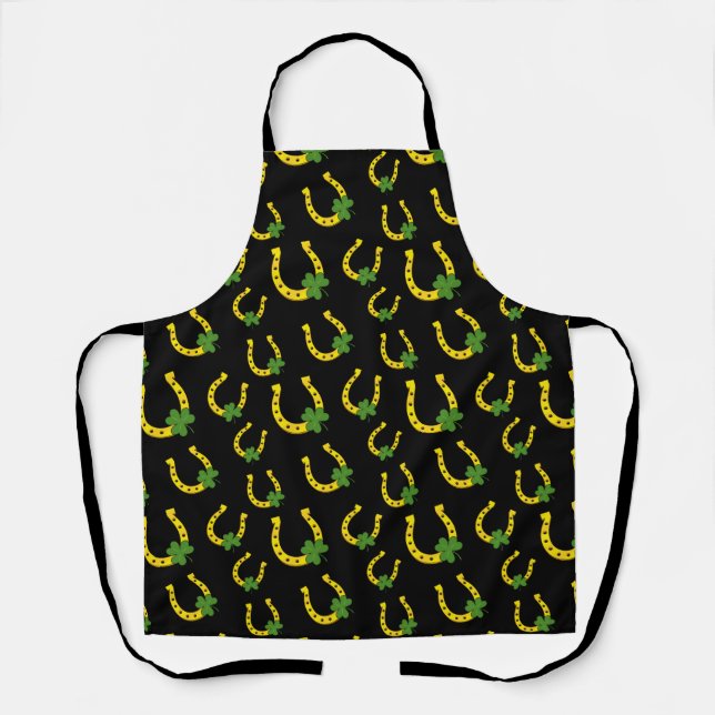 Lucky Golden Horseshoe with Shamrock on Black Apron (Front)