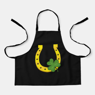 Lucky Golden Horseshoe with Shamrock on Black Apron