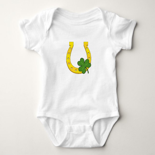 Lucky Golden Horseshoe with Shamrock on Black Baby Bodysuit (Front)