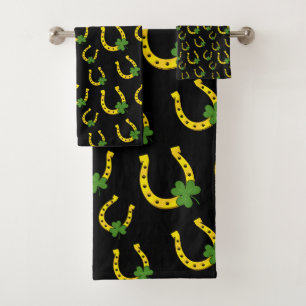 Lucky Golden Horseshoe with Shamrock on Black Bath Towel Set