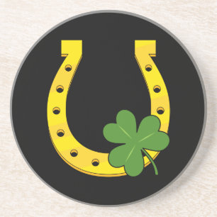 Lucky Golden Horseshoe with Shamrock on Black Coaster