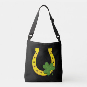 Lucky Golden Horseshoe with Shamrock on Black Crossbody Bag