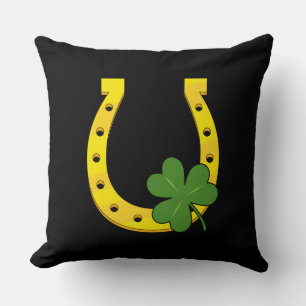 Lucky Golden Horseshoe with Shamrock on Black Cushion