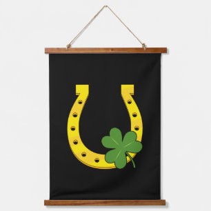 Lucky Golden Horseshoe with Shamrock on Black Hanging Tapestry