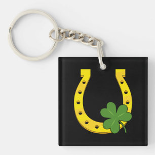 Lucky Golden Horseshoe with Shamrock on Black Key Ring