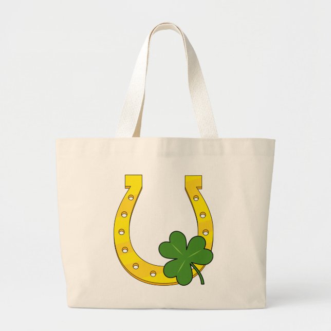 Lucky Golden Horseshoe with Shamrock on Black Large Tote Bag (Front)