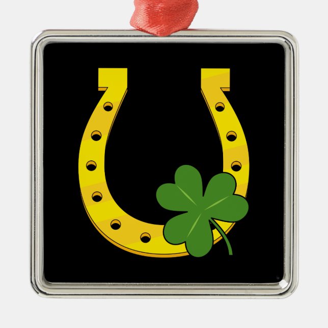 Lucky Golden Horseshoe with Shamrock on Black Metal Ornament (Front)