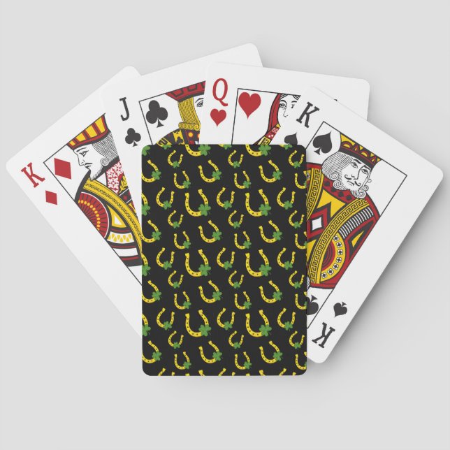 Lucky Golden Horseshoe with Shamrock on Black Playing Cards (Back)