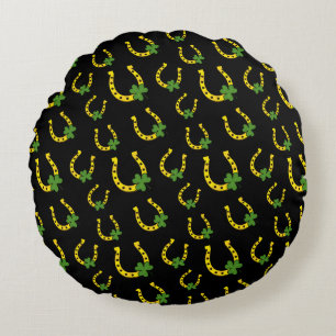 Lucky Golden Horseshoe with Shamrock on Black Round Cushion