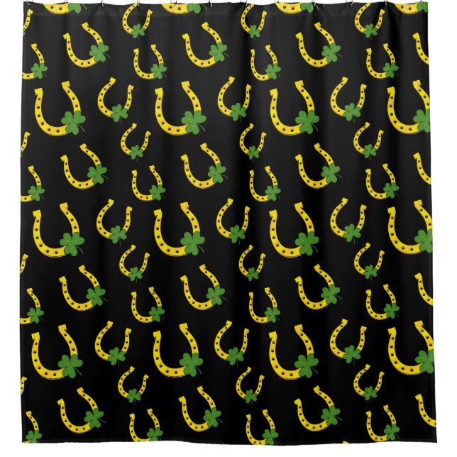 Lucky Golden Horseshoe with Shamrock on Black Shower Curtain (Front)