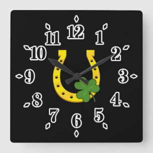 Lucky Golden Horseshoe with Shamrock on Black Square Wall Clock