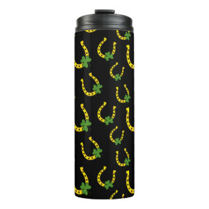 Lucky Golden Horseshoe with Shamrock on Black Thermal Tumbler