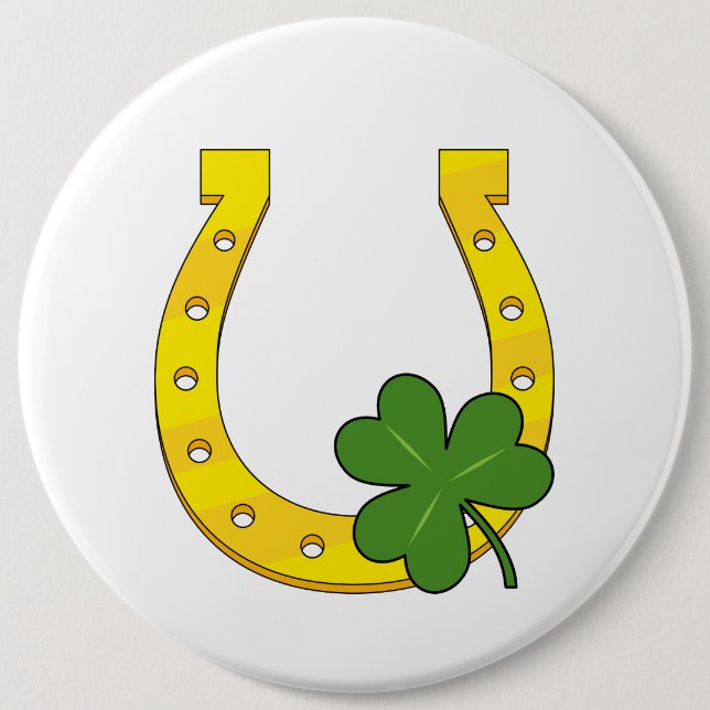 Lucky Golden Horseshoe with Shamrock on White 6 Cm Round Badge (Front)