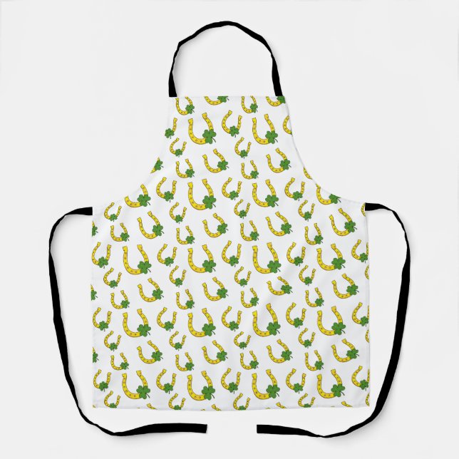 Lucky Golden Horseshoe with Shamrock on White Apron (Front)