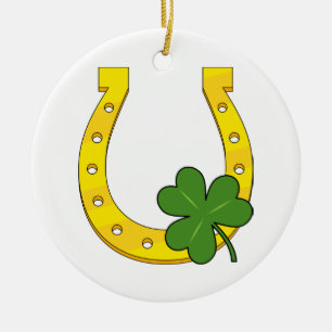 Lucky Golden Horseshoe with Shamrock on White Ceramic Ornament