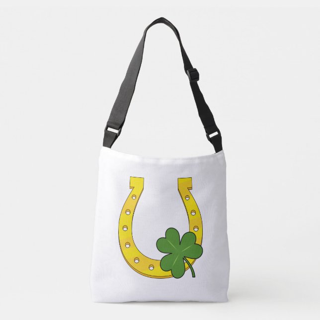 Lucky Golden Horseshoe with Shamrock on White Crossbody Bag (Front)