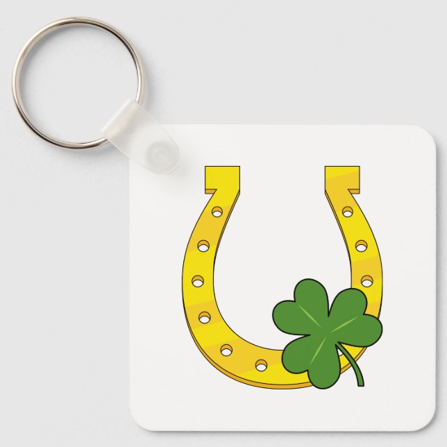 Lucky Golden Horseshoe with Shamrock on White Key Ring (Front)