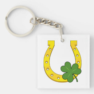 Lucky Golden Horseshoe with Shamrock on White Key Ring