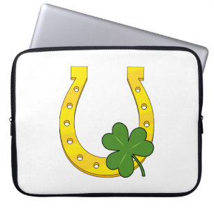 Lucky Golden Horseshoe with Shamrock on White Laptop Sleeve