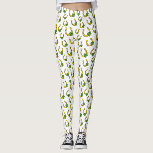 Lucky Golden Horseshoe with Shamrock on White Leggings
