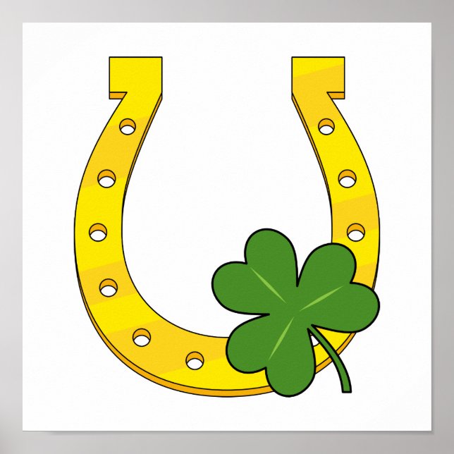 Lucky Golden Horseshoe with Shamrock on White Poster (Front)