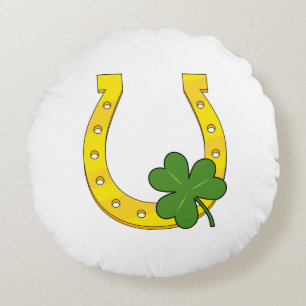 Lucky Golden Horseshoe with Shamrock on White Round Cushion