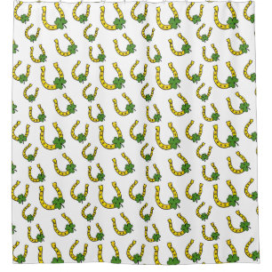 Lucky Golden Horseshoe with Shamrock on White Shower Curtain