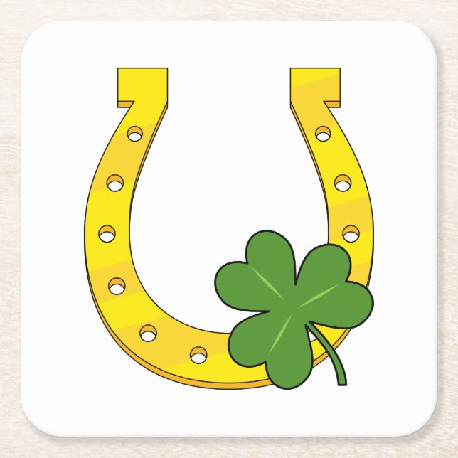 Lucky Golden Horseshoe with Shamrock on White Square Paper Coaster (Front)