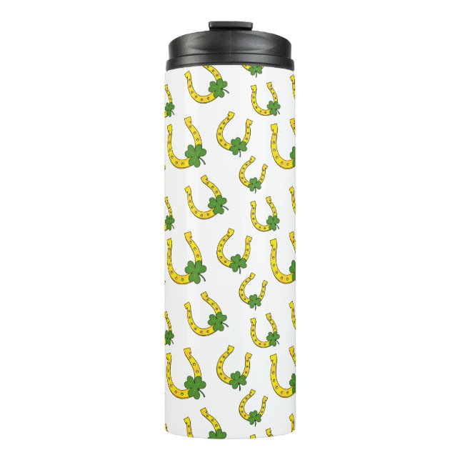 Lucky Golden Horseshoe with Shamrock on White Thermal Tumbler (Front)