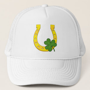 Lucky Golden Horseshoe with Shamrock on White Trucker Hat