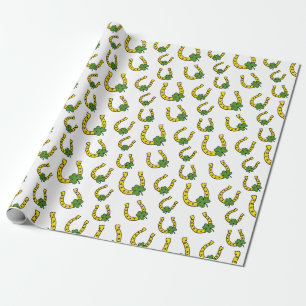 Lucky Golden Horseshoe with Shamrock on White Wrapping Paper