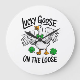Lucky Goose On The Loose Funny Goose Shamrock  Large Clock
