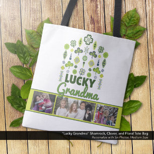 "Lucky Grandma" Shamrock Clover Floral Photo Tote Bag