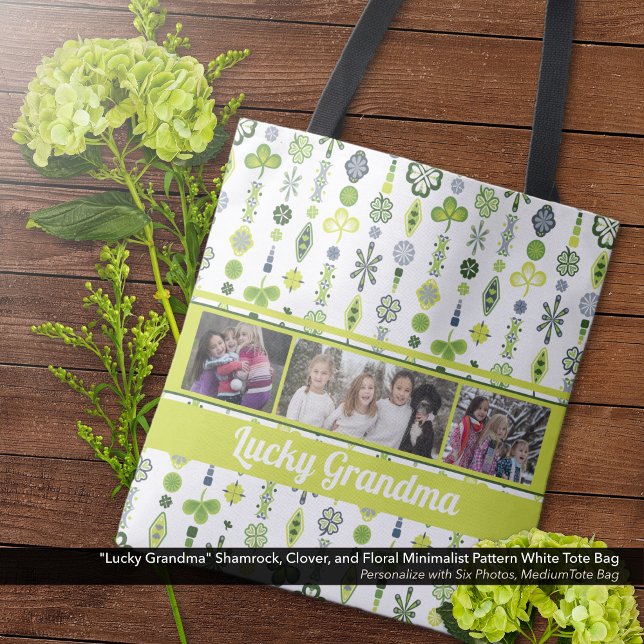 "Lucky Grandma" Shamrock Clover Pattern Photo Tote Bag ("Lucky Grandma" Shamrock, Clover, and Floral Pattern Tote Bag - Personalize with Six Photos)